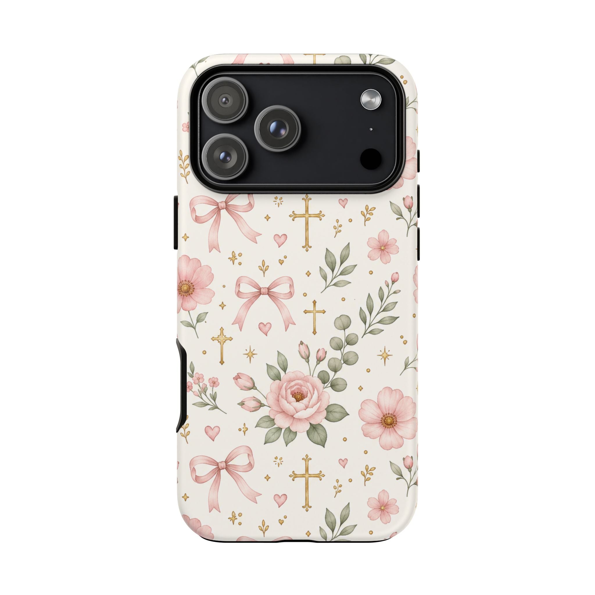 Floral Cross iPhone Case — Pink Roses, Bows & Cross Pattern Protective Phone Case