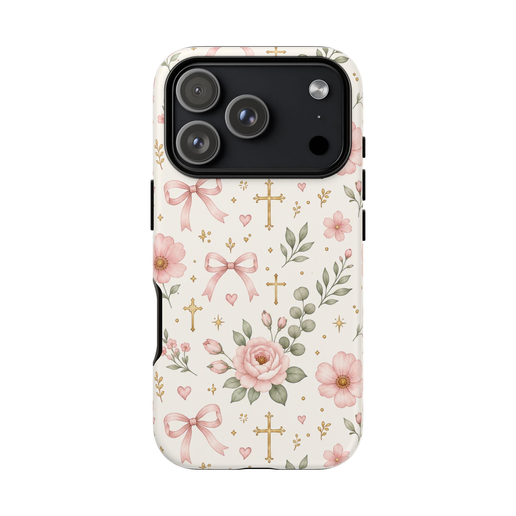 Floral Cross iPhone Case — Pink Roses, Bows & Cross Pattern Protective Phone Case