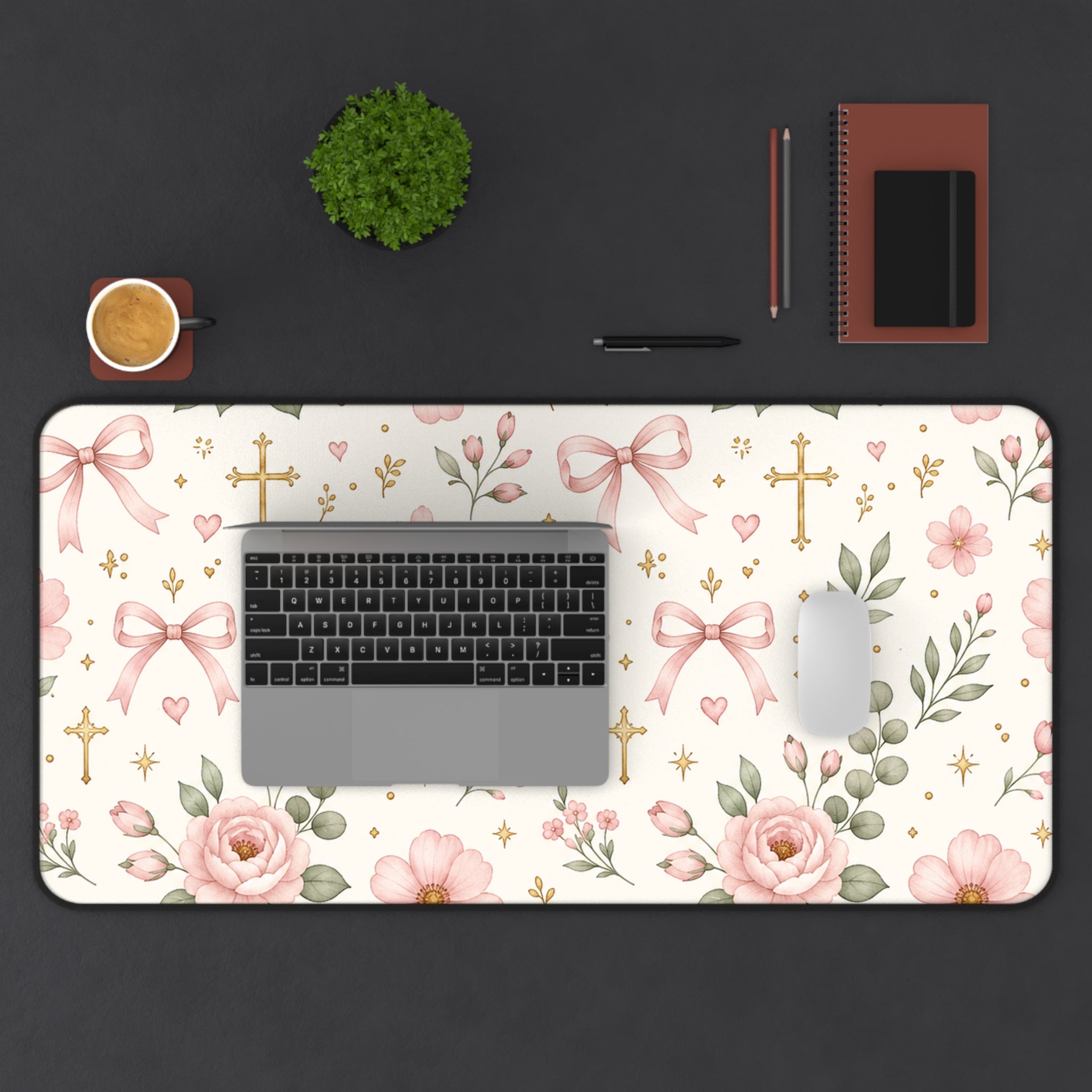 Floral Cross Desk Mat — Pink Ribbon & Rose Mouse Pad