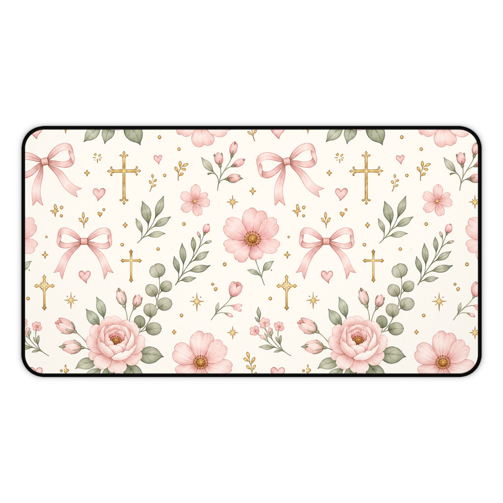 Floral Cross Desk Mat — Pink Ribbon & Rose Mouse Pad