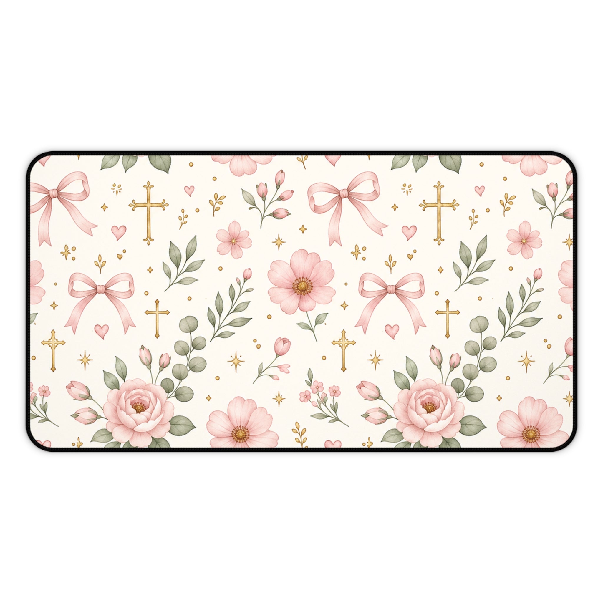 Floral Cross Desk Mat — Pink Ribbon & Rose Mouse Pad