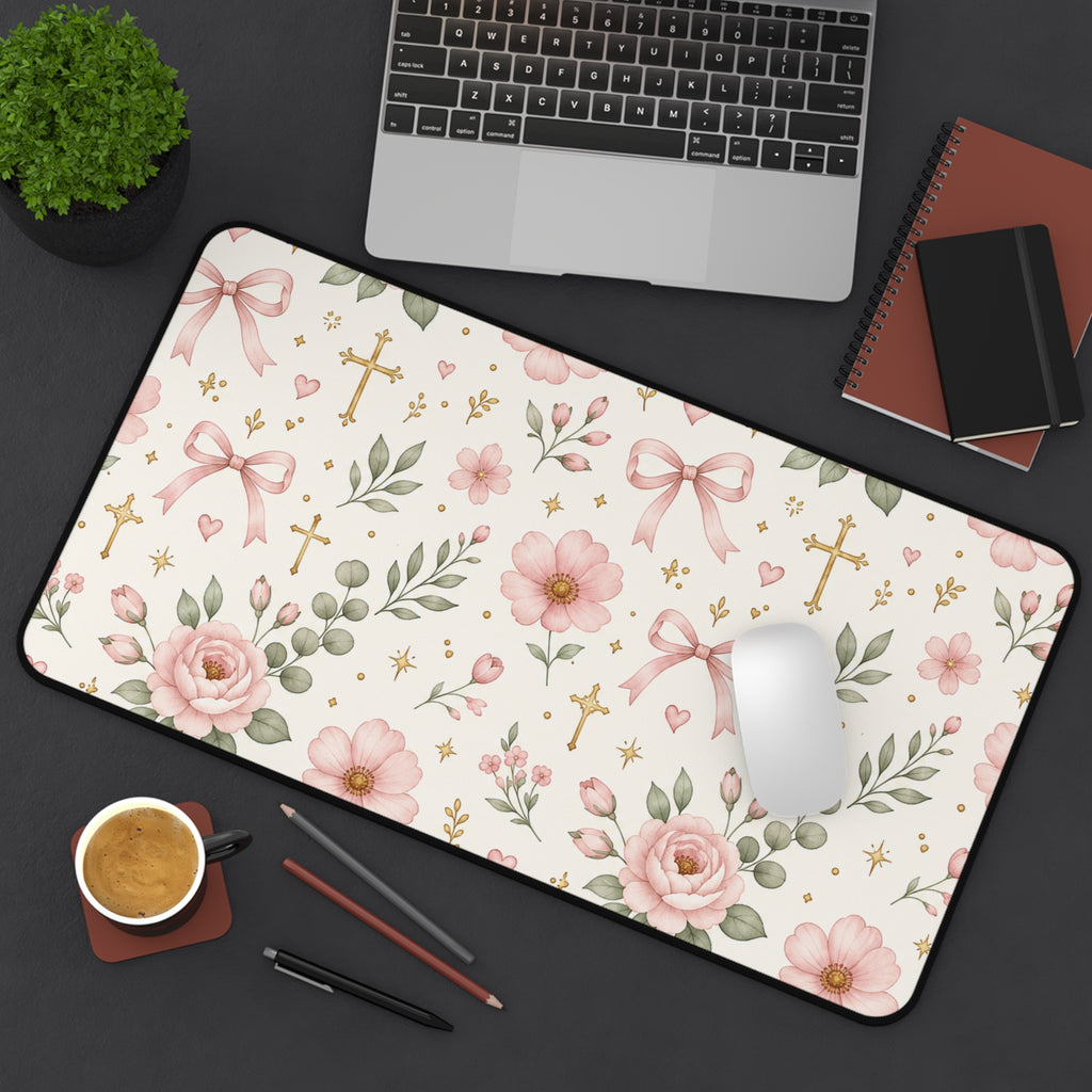 Floral Cross Desk Mat — Pink Ribbon & Rose Mouse Pad