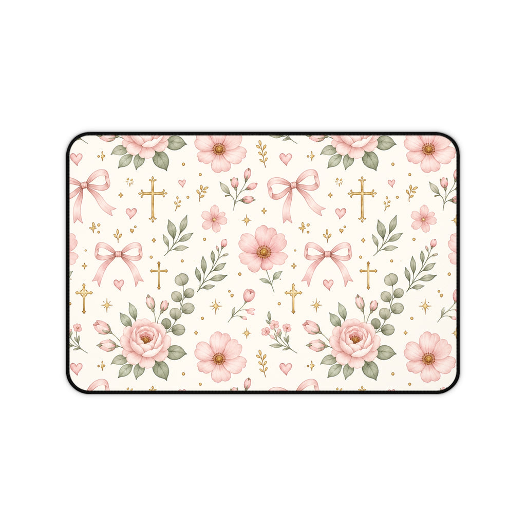 Floral Cross Desk Mat — Pink Ribbon & Rose Mouse Pad
