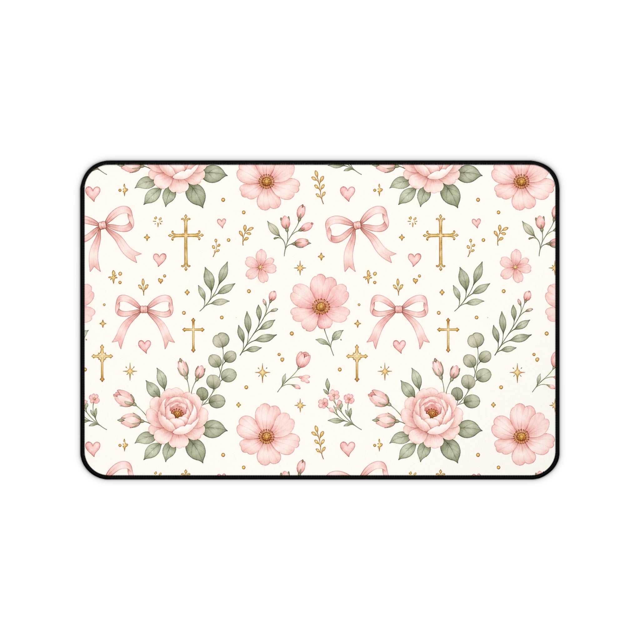Floral Cross Desk Mat — Pink Ribbon & Rose Mouse Pad