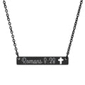 Romans 8:28 Engraved Cutout Cross Bar Necklace — Personalized Scripture Jewelry