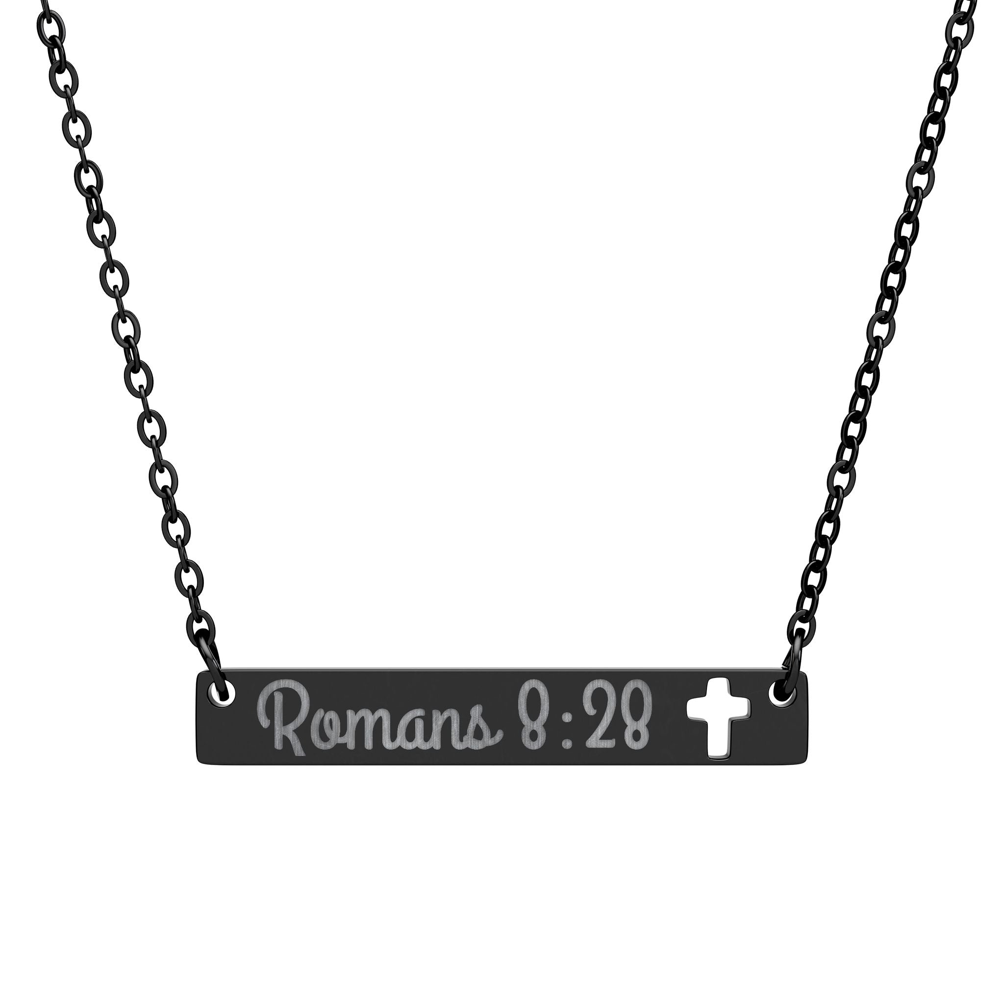 Romans 8:28 Engraved Cutout Cross Bar Necklace — Personalized Scripture Jewelry