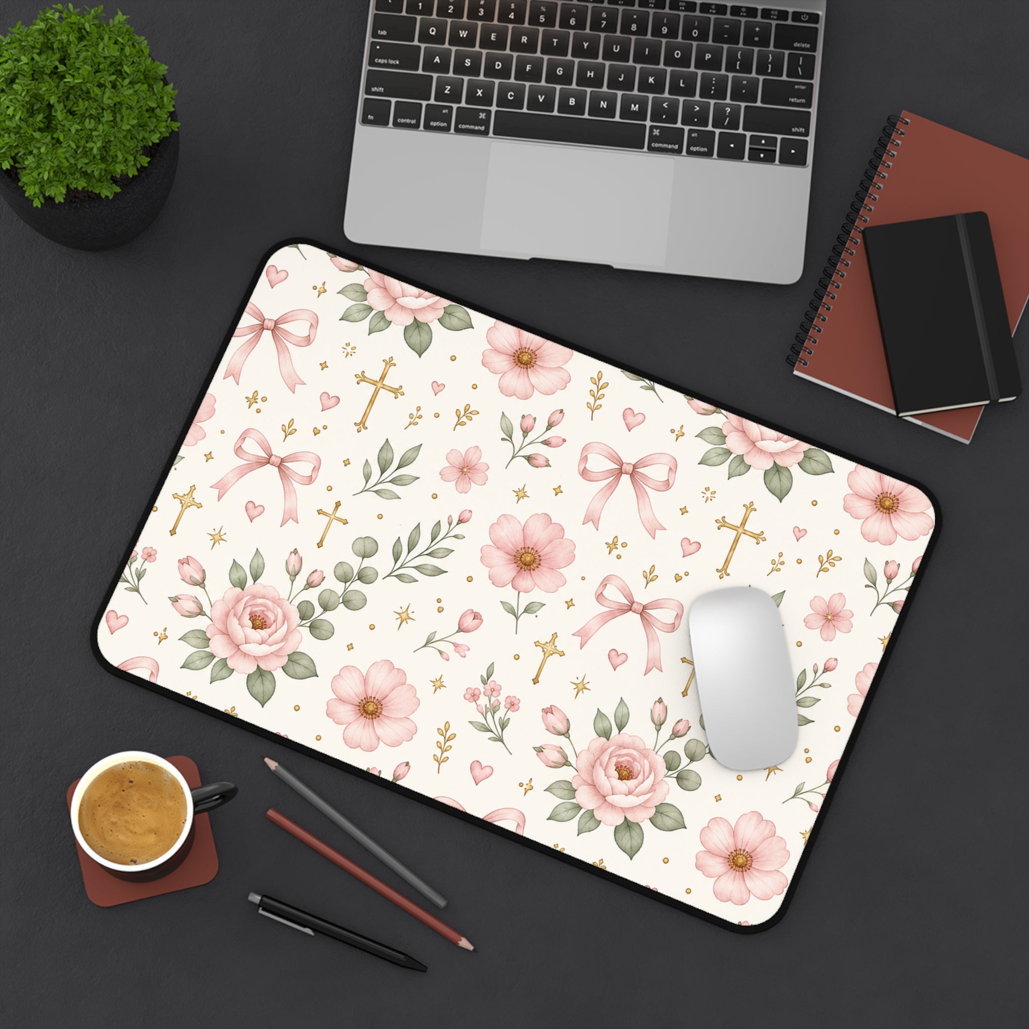 Floral Cross Desk Mat — Pink Ribbon & Rose Mouse Pad