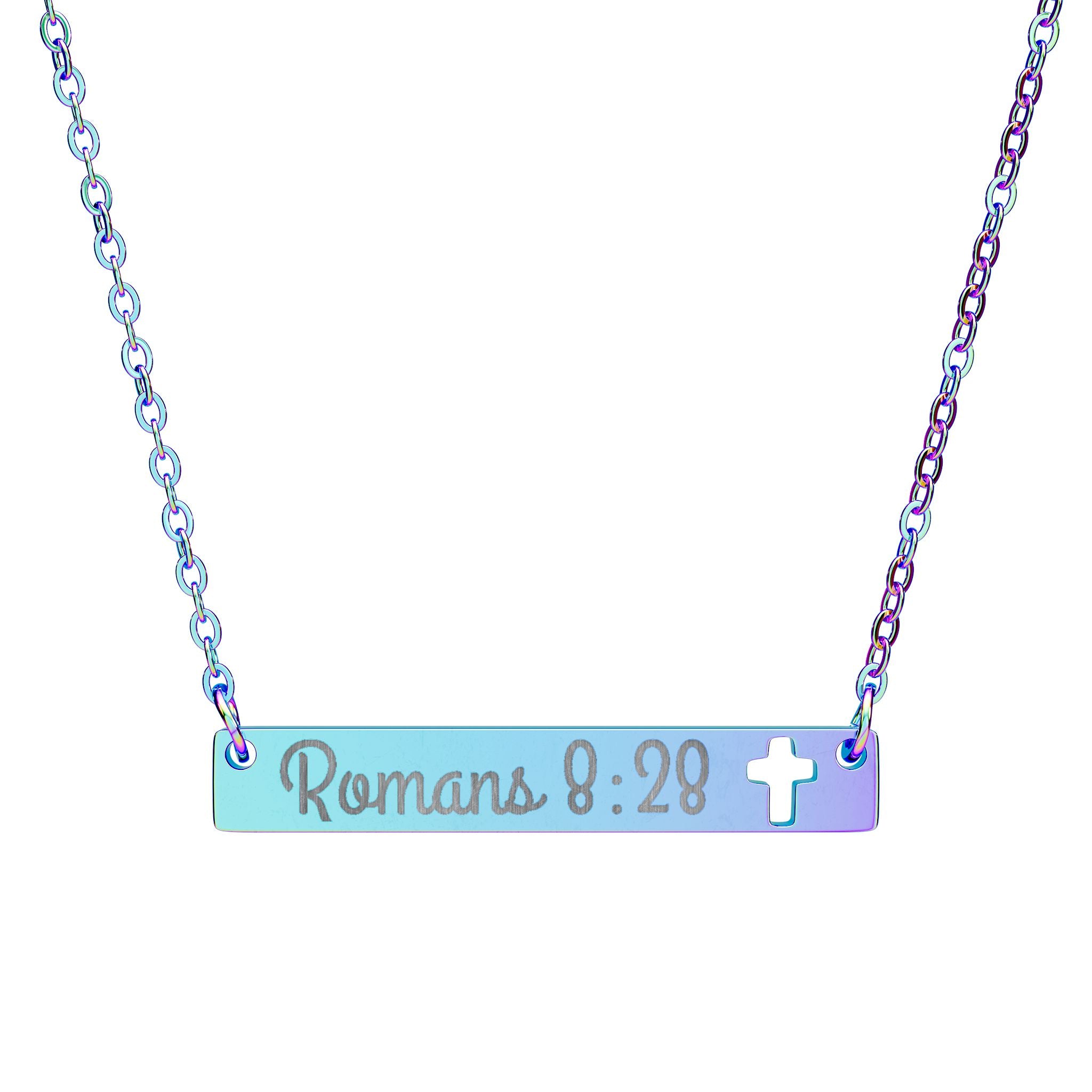 Romans 8:28 Engraved Cutout Cross Bar Necklace — Personalized Scripture Jewelry