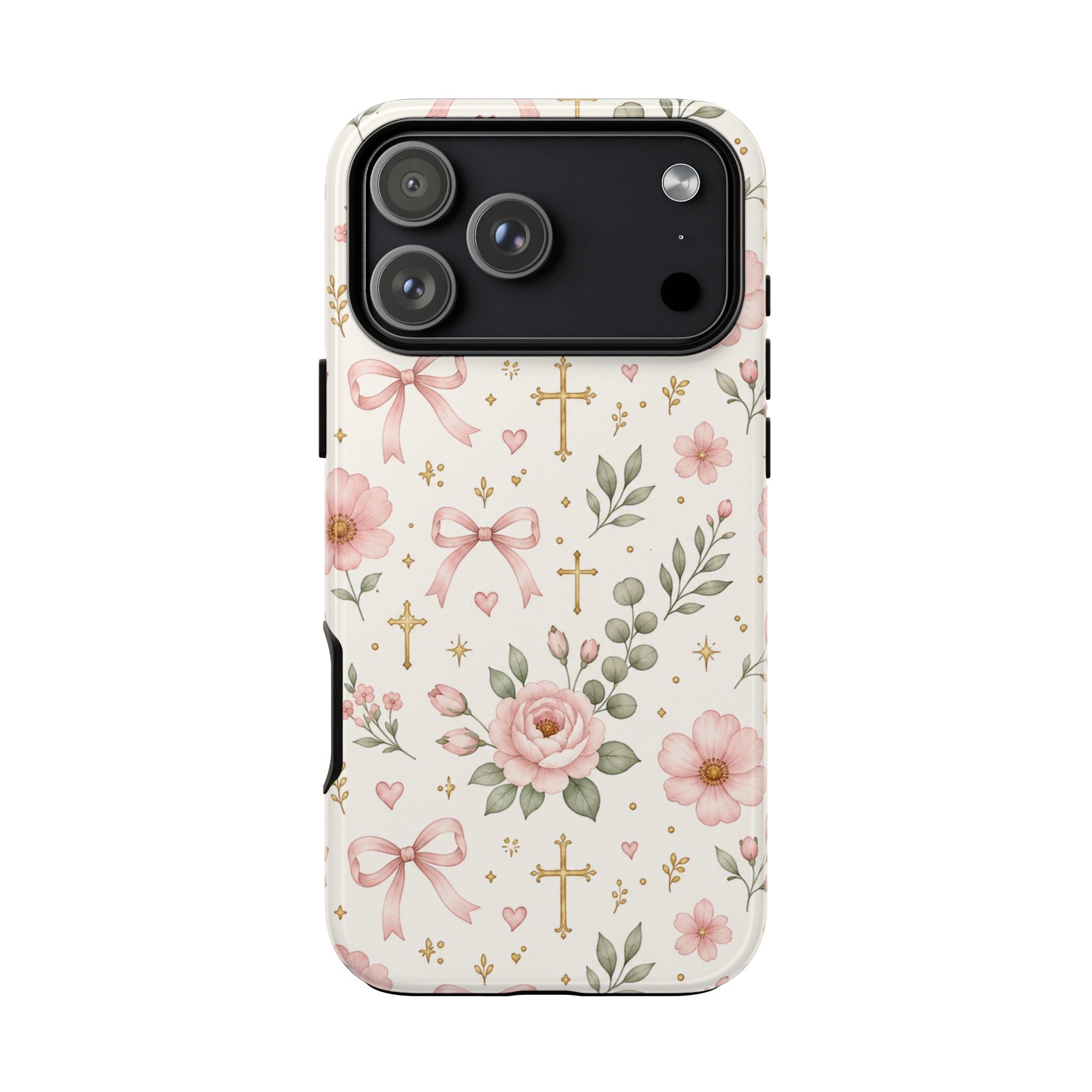 Floral Cross iPhone Case — Pink Roses, Bows & Cross Pattern Protective Phone Case