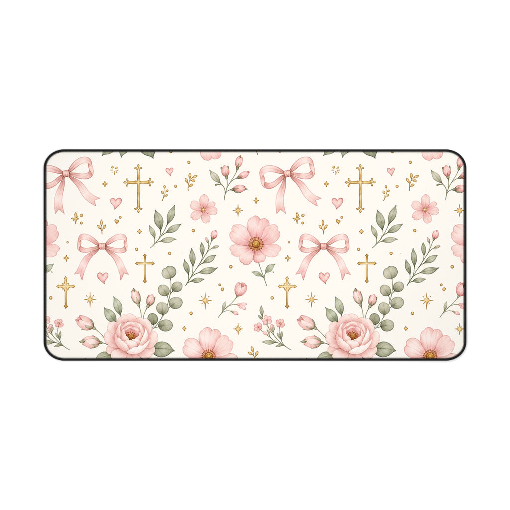 Floral Cross Desk Mat — Pink Ribbon & Rose Mouse Pad