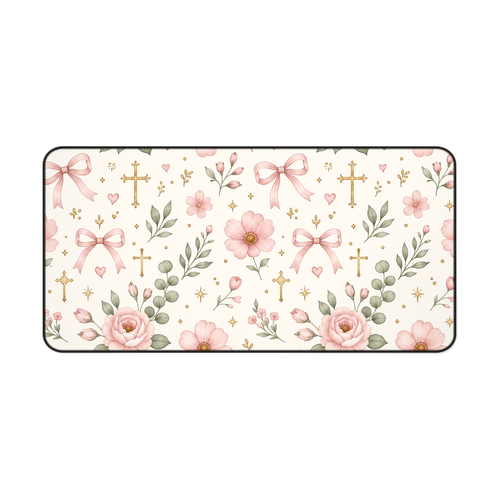 Floral Cross Desk Mat — Pink Ribbon & Rose Mouse Pad