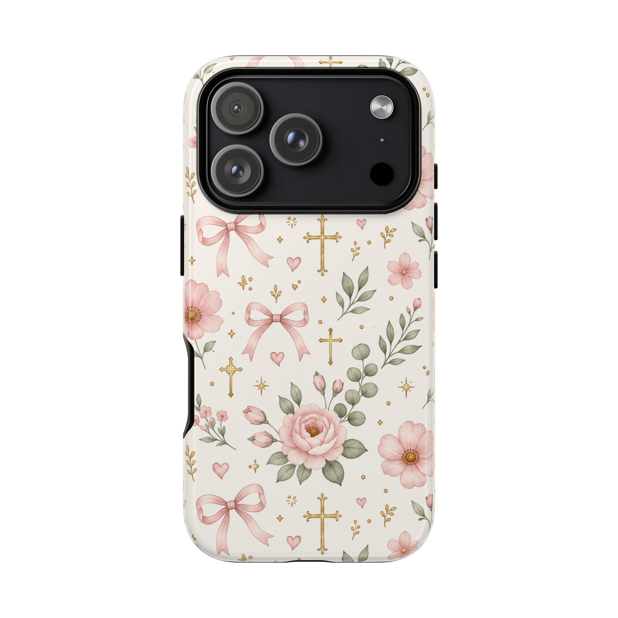 Floral Cross iPhone Case — Pink Roses, Bows & Cross Pattern Protective Phone Case