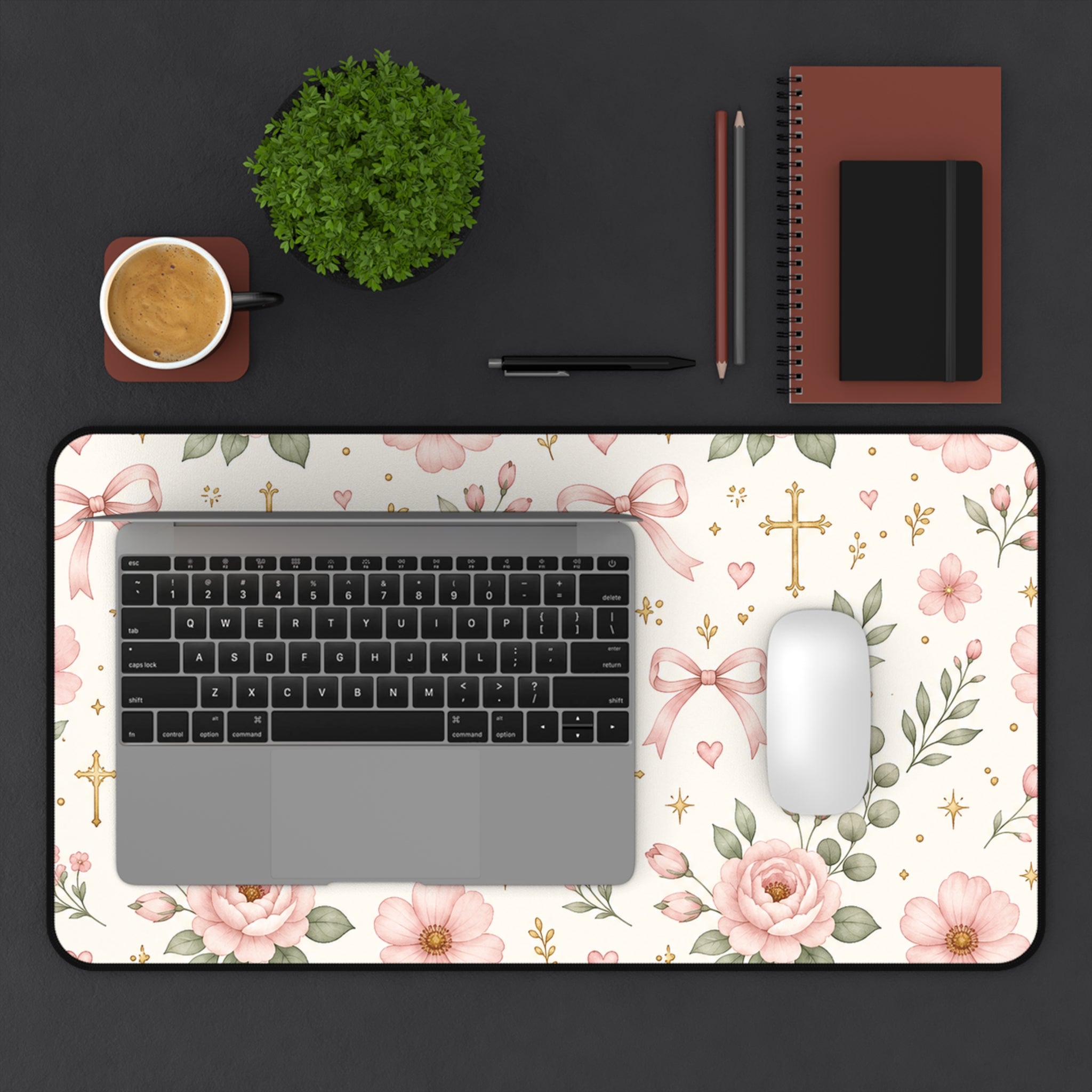 Floral Cross Desk Mat — Pink Ribbon & Rose Mouse Pad