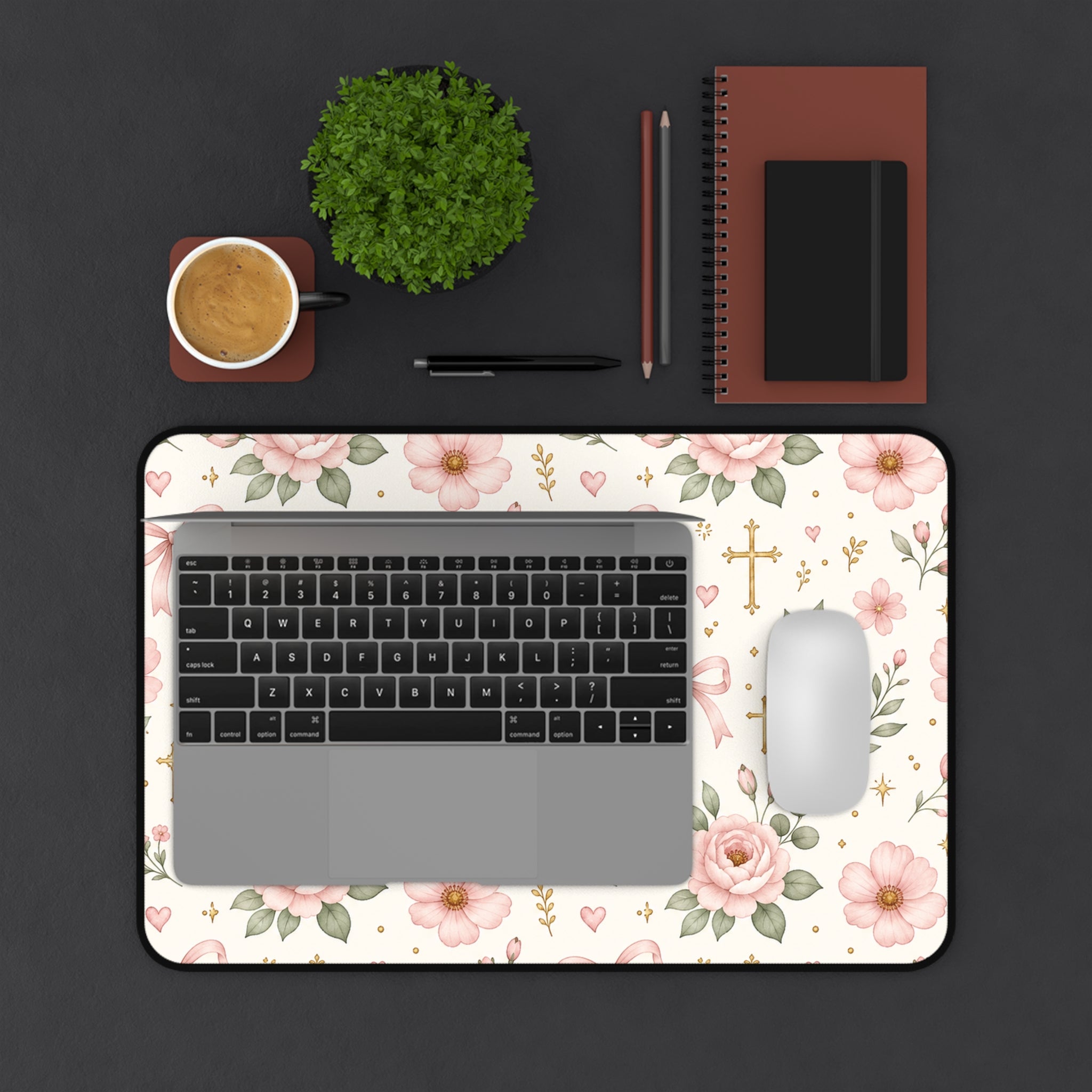 Floral Cross Desk Mat — Pink Ribbon & Rose Mouse Pad