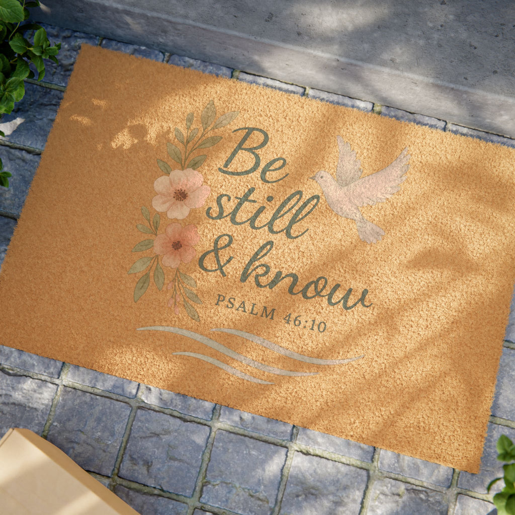 Be Still & Know Doormat — Floral Dove Welcome Mat (Psalm 46:10)
