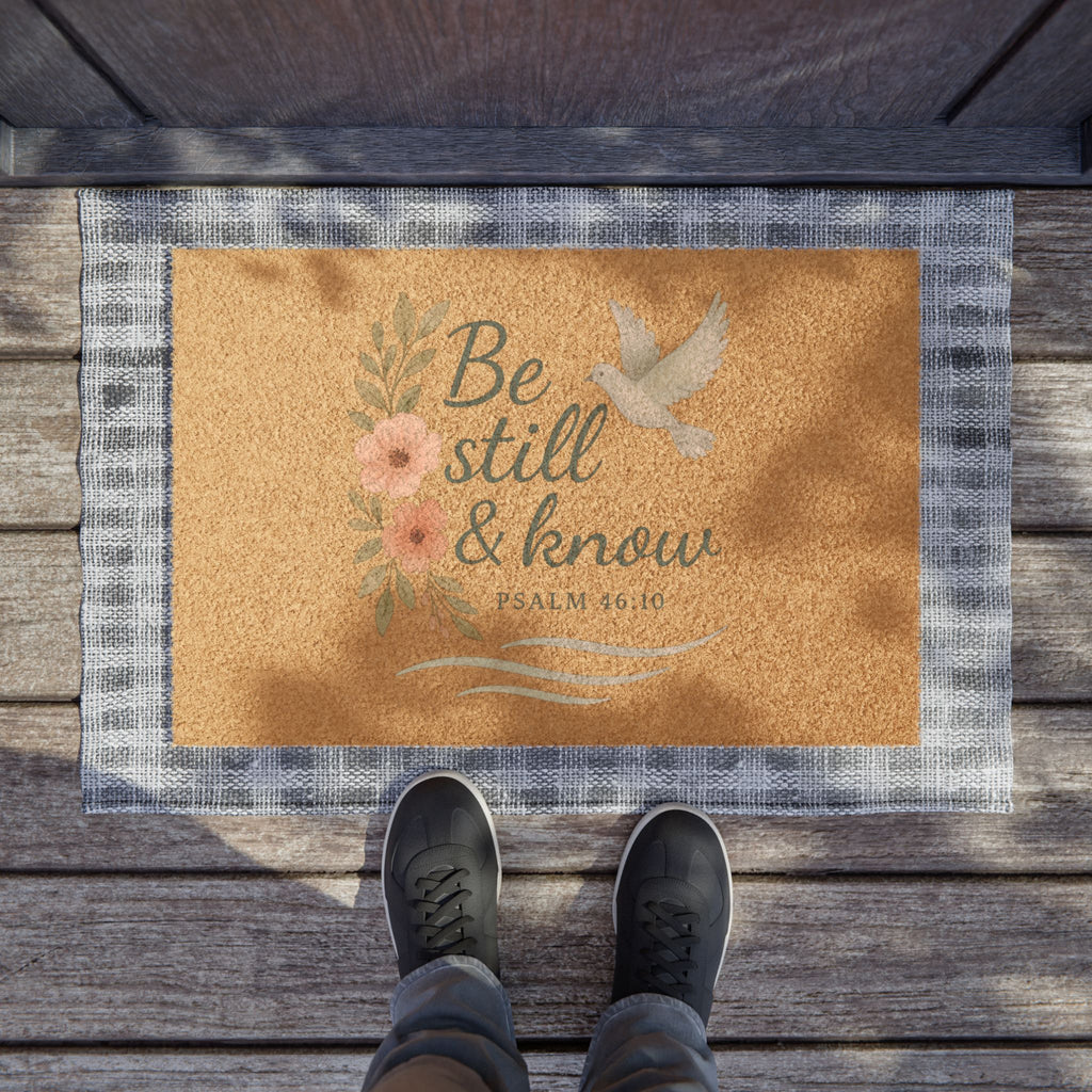 Be Still & Know Doormat — Floral Dove Welcome Mat (Psalm 46:10)