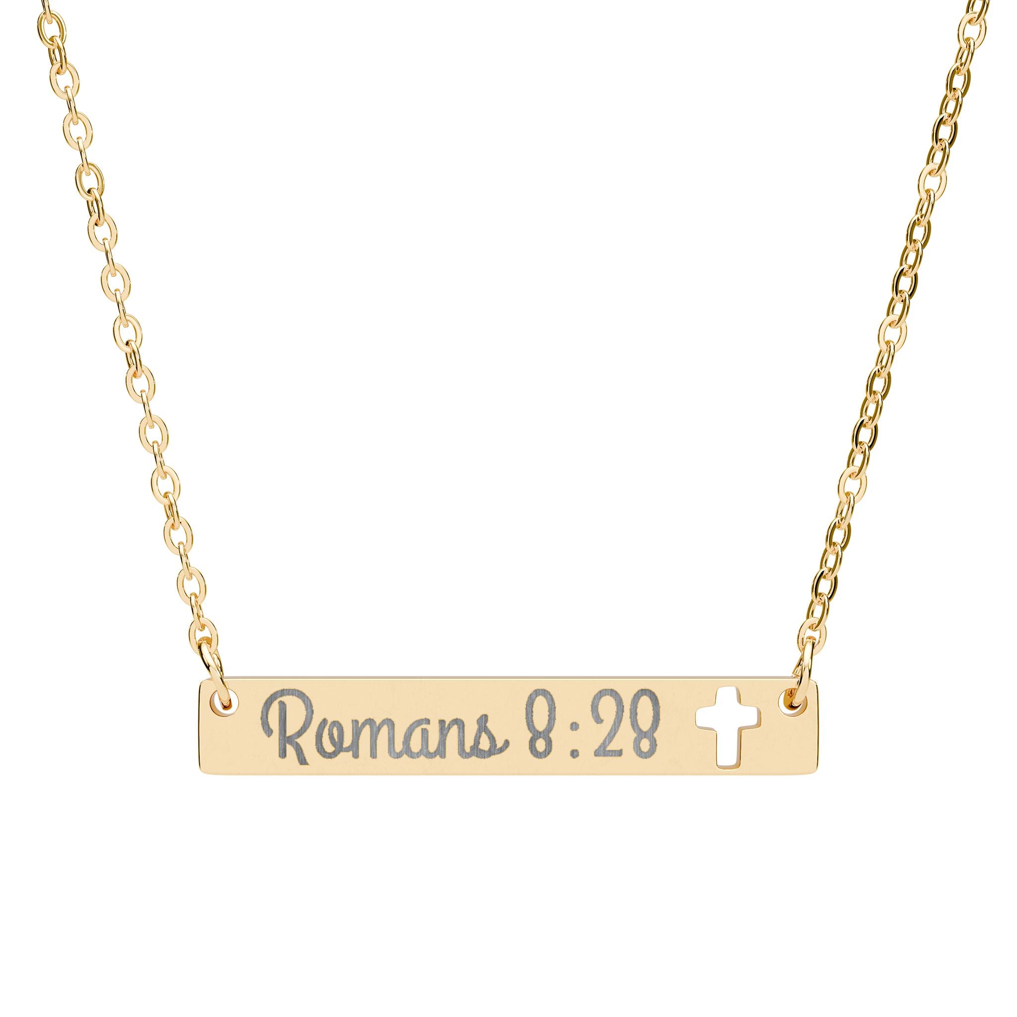 Romans 8:28 Engraved Cutout Cross Bar Necklace — Personalized Scripture Jewelry