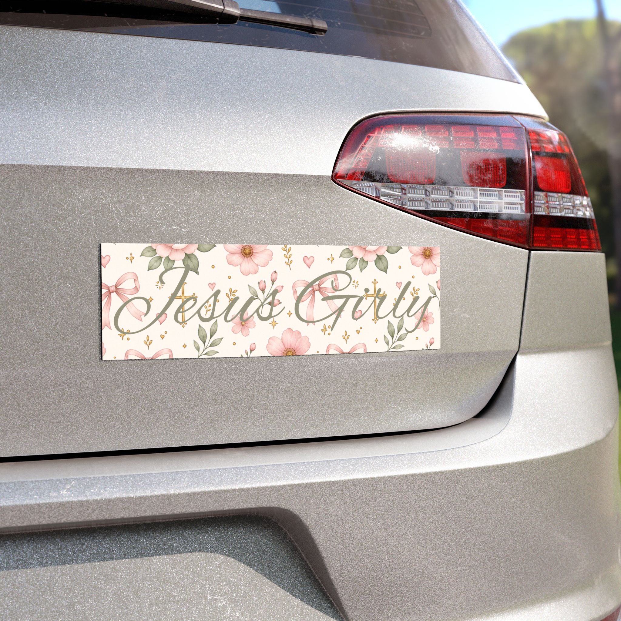 Jesus Girly Floral Car Magnet — Pink Floral Christian Bumper Sticker