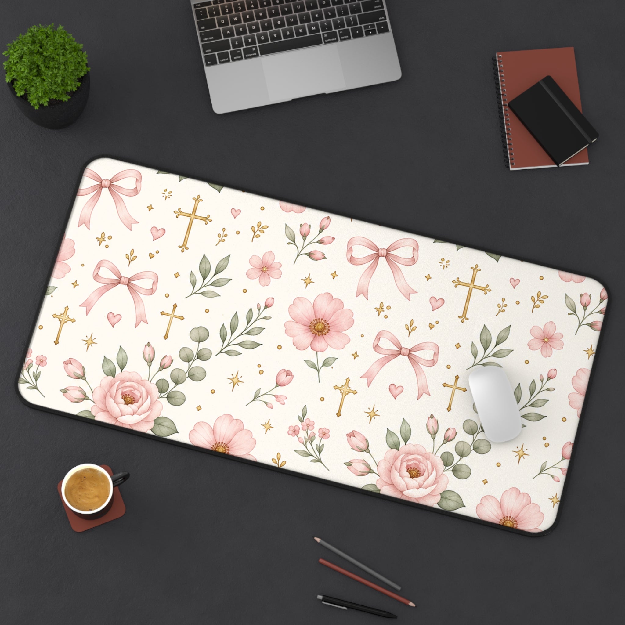 Floral Cross Desk Mat — Pink Ribbon & Rose Mouse Pad