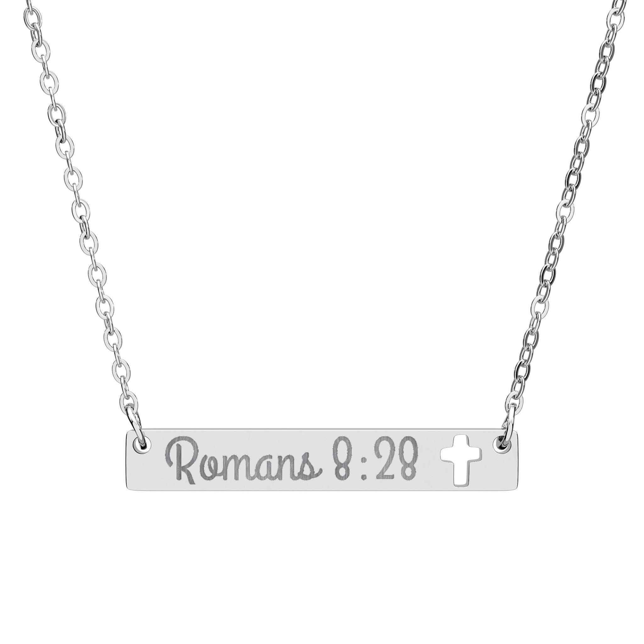 Romans 8:28 Engraved Cutout Cross Bar Necklace — Personalized Scripture Jewelry