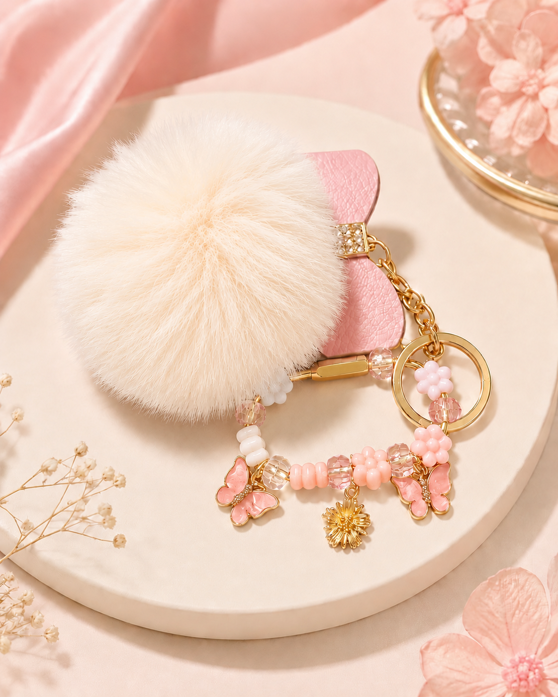 Fluffy Pompom Beaded Charm Keychain