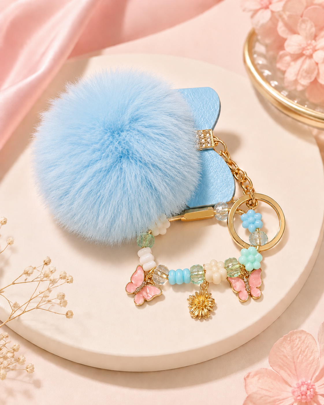 Fluffy Pompom Beaded Charm Keychain