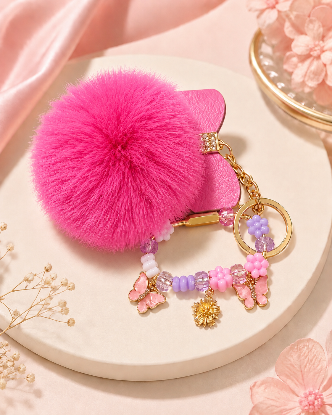 Fluffy Pompom Beaded Charm Keychain