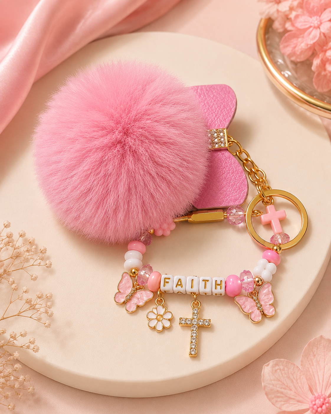 Fluffy Pompom Beaded Charm Keychain