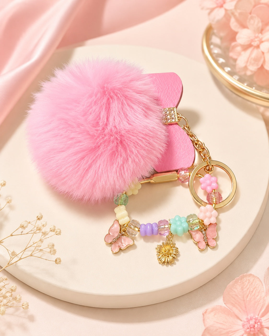 Fluffy Pompom Beaded Charm Keychain