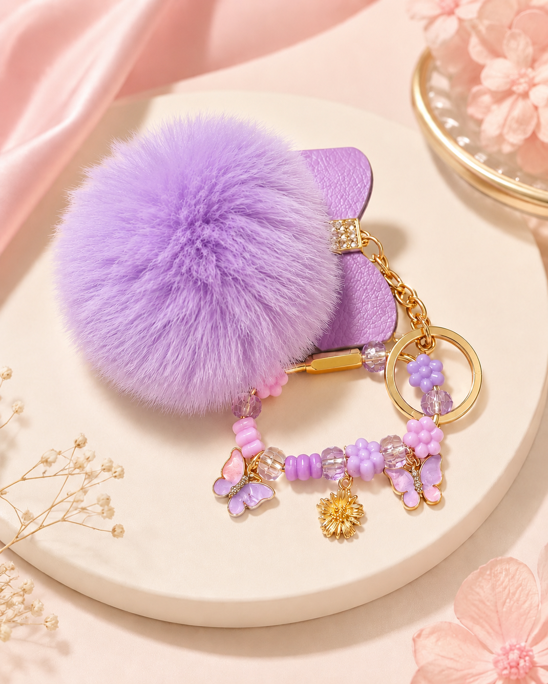 Fluffy Pompom Beaded Charm Keychain